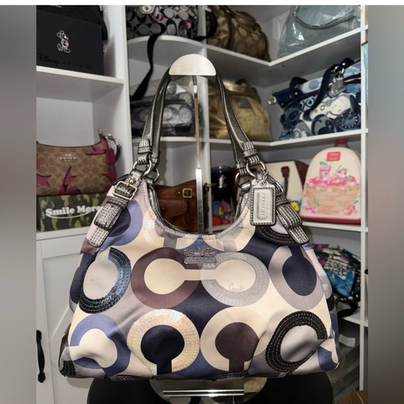 Coach Handbags - Coach Circle Pattern Shoulder Bag - Black, Blue, Cream